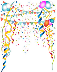 Festive party background.It decorate with coiled streamers, confetti, form top down and  colored balloons and flag garlands on white background  with copy space for party and festival usage