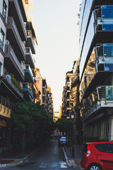 Naklejka premium The seafront in the city of Thessaloniki, Greece. Mediterranean Sea, holiday resort. Ancient houses. Sunny day. Colorful city.