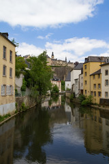 Fototapeta na wymiar Spring Alzette river scene in Luxembourg from Rue Munster street