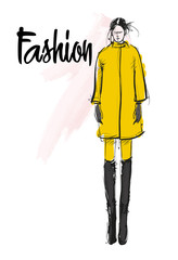 Fashion girl Sketch. Stylish fashion model. Pretty young girl.