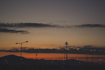 Sunset in the old city of Thessaloniki, Greece.Night lanterns.