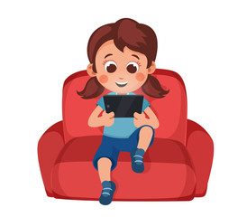 Little girl uses a smartphone sitting on couch.  Tablet computer. technology and children. Social networks for kids