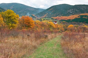 Small village in valley among mountains