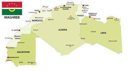 administrative and political vector map of the Maghreb states with flag