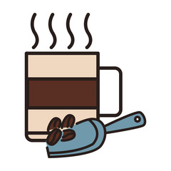 Coffee cup with beans on shovel