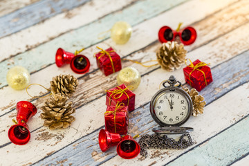 New year or christmas with pocket watch and christmas decorations
