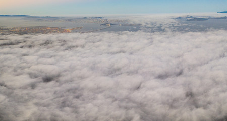 Aerial of Marine Layer Seeping Over San Francisco Bay Area