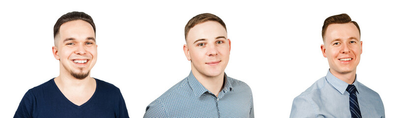 Obraz premium Set of portraits of young smiling people isolated on a white background.