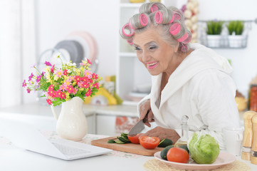 Portrait of senior woman in hair rollers