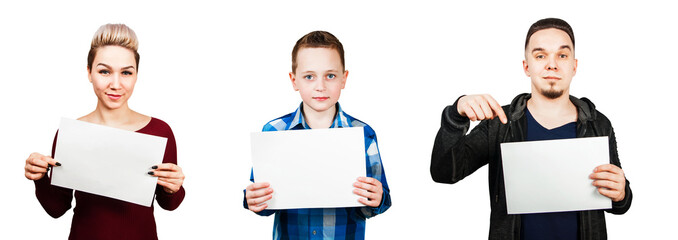 Set of portraits of young people holding blank a4 with copy space isolated on a white background.