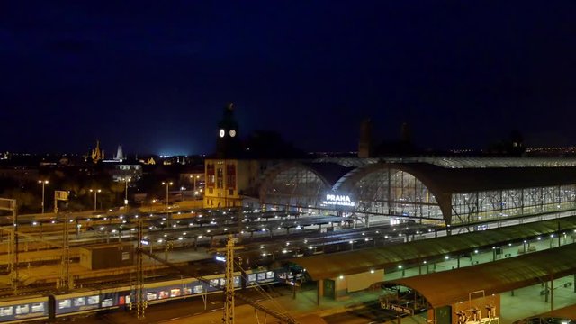 Prague, central station at night, train is arriving