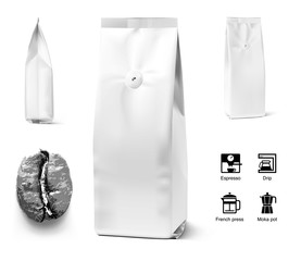 Realistic vertical coffee bag with signs and gravure coffee bean. View from the face and side. Vector illustration isolated on white background. Ready for the presentation of your product. EPS10.