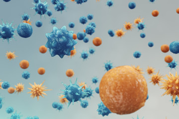 Obraz na płótnie Canvas Abstract background virus. The concept of science and medicine, reducing immunity in the body. Influenza virus, hepatitis virus, cells that infect the living organism, 3d illustration