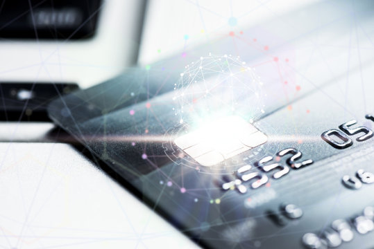 Credit and debit card of bank on technology digital - business,financial global network