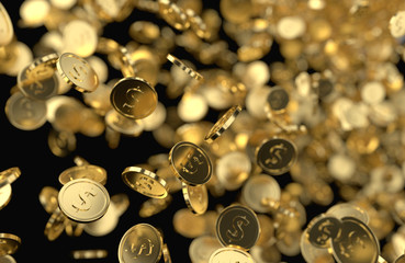 Falling Coins with soft focus, 3d rendering
