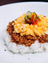 Japanese spicy Tan Tan pork over rice with scramble egg