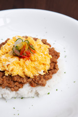 Japanese spicy Tan Tan pork over rice with scramble egg