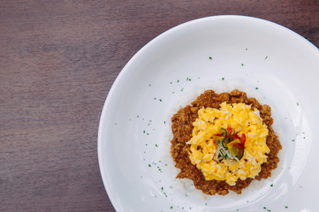 Japanese spicy Tan Tan pork over rice with scramble egg