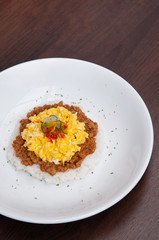 Japanese spicy Tan Tan pork over rice with scramble egg