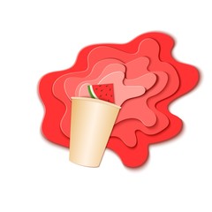 Obraz premium Paper cup with splash pouring juice. Bursts of watermelon juice in layers spread over the white background and a piece of juicy citrus in paper style. Vector illustration origami art