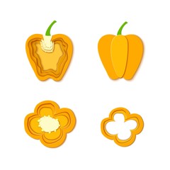 Set of paper cut yellow pepper. Vector paper cut design in the form of Sweet orange pepper for design of food packaging. Vector illustration. Paper art style paprika. Origami concept.