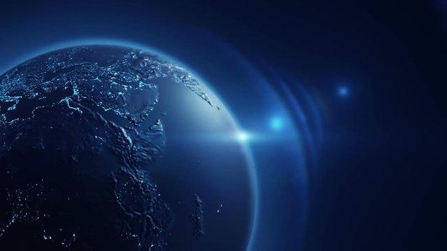 Animation of rotating Earth globe with view from cosmos. Realistic texture and lights on Globe surface. Satellites, lines and light beams. Animation of seamless loop.