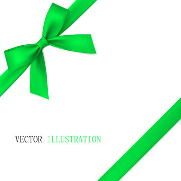 Green bow with diagonally ribbon on the corner. Vector.