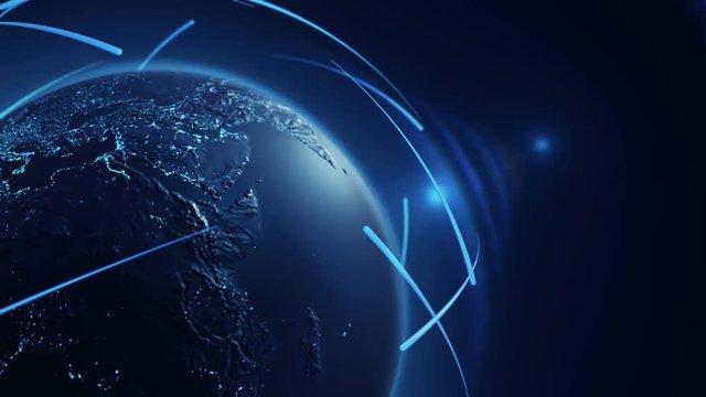 Animation of rotating Earth globe with view from cosmos. Realistic texture and lights on Globe surface. Satellites, lines and light beams. Animation of seamless loop.