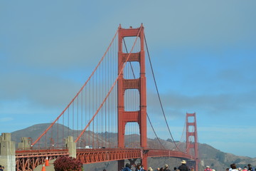 Fototapeta na wymiar Golden gate bridge, tower structure, San Francisco, suspension, steel, landmark, USA, poster, print, California, road bridge, travel, sky, road