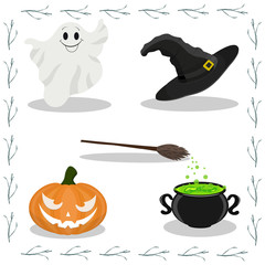 Cute vector set with Halloween illustrations. Orange pumpkin, hat of a witch, a cauldron and bringing with a broom