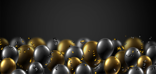 Festive banner with black and golden shiny balloons and serpentine.