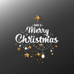 Merry Christmas Calligraphic Design and Decorated with Golden Stars and Beads and pyramid on dark grey background
