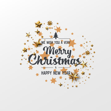 Merry Christmas Calligraphic Design and Decorated with Golden Stars and Beads and pyramid on dark grey background