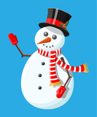 White snowman with cylinder hat and holly, scarf and mittens. Happy new year decoration. Merry christmas holiday. New year and xmas celebration. Vector illustration in flat style
