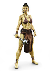 Savage Orc female posing holding a metal spiked flail. Fantasy themed character on an isolated white background. 3d Rendering