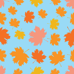 Fototapeta premium Seamless pattern with autumn maple leaves. Yellow, orange and pink leaves on light blue background. Vector illustration