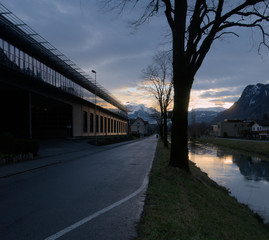 Rüthis SG canal at dusk, Swiss Rhine valley
