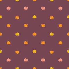 Seamless pattern with autumn maple leaves.  Yellow, orange and pink leaves on lilac background. Vector illustration