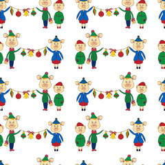 New year seamless pattern with yellow pigs and Christmas toy on a white background.