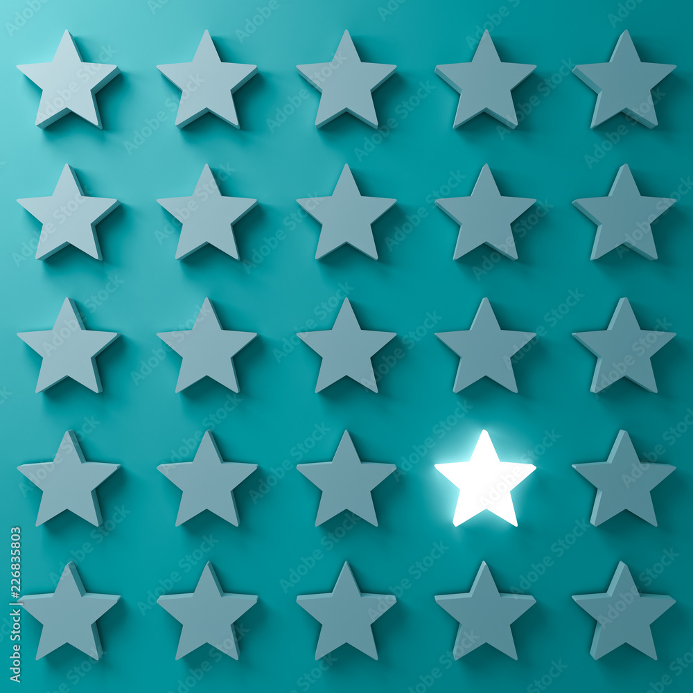 Leinwandbilder Stand out from the crowd and different creative idea concepts One glowing star standing among other dim stars on dark  blue  green pastel color background with shadows 3D rendering