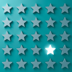 Stand out from the crowd and different creative idea concepts One glowing star standing among other dim stars on dark  blue  green pastel color background with shadows 3D rendering