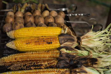 Baked corn and potatoes on the grill
