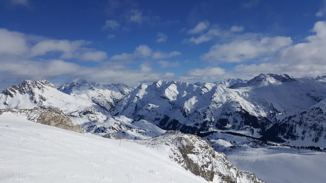 Image of ski resort in the winter with snow covered mountains and slops