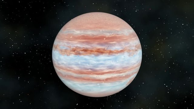 flight around gas giant planet (like Jupiter) and two small rock moons, 3d animation