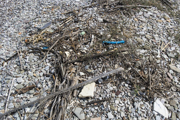 Trash at the ocean beach horizontal