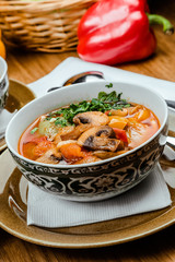 Traditional Uzbek oriental cuisine. soup with lamb meat. Copy space, selective focus