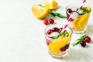 Citrus cranberry rosemary cocktail. Selective focus, space for text.