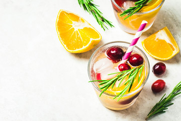Citrus cranberry alcohol free cocktail. Top view, space for text.