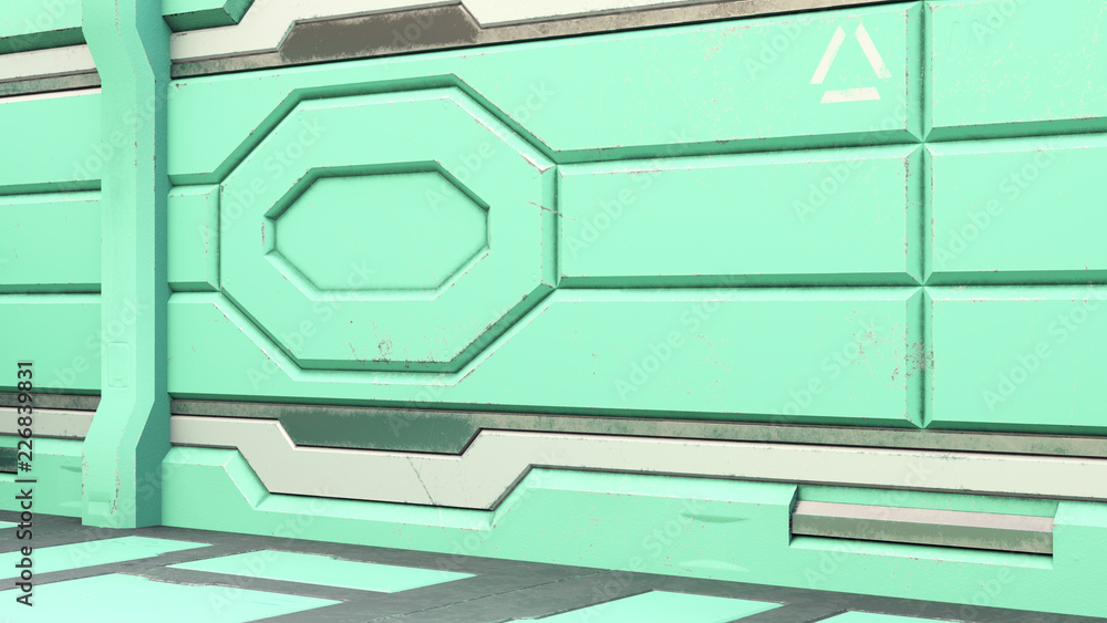 Wall mural 3d rendering of realistic sci-fi spaceship corridor