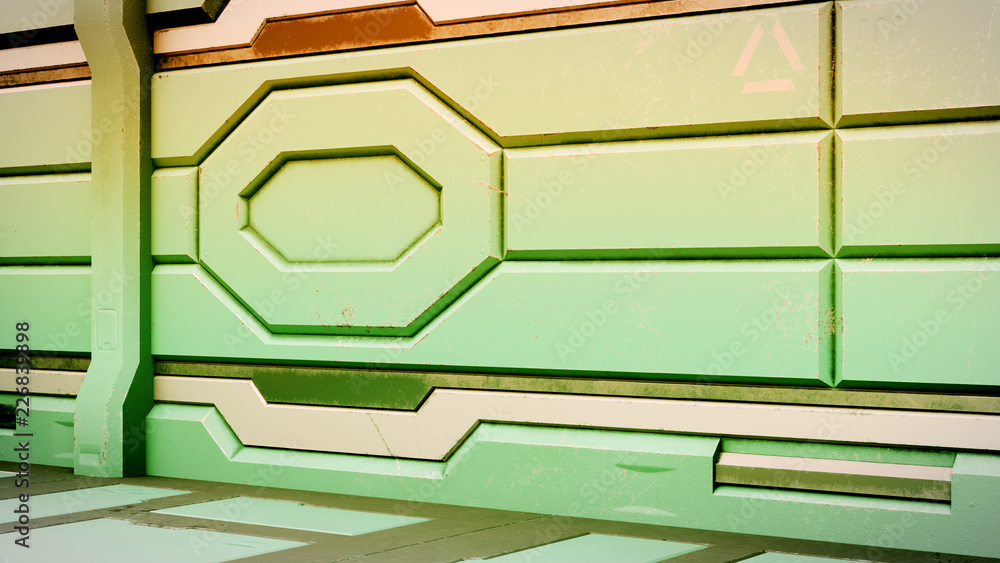 Wall mural 3d rendering of realistic sci-fi spaceship corridor